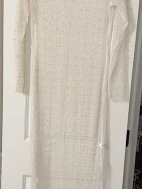 Beaded Ivory Mesh Long-Sleeve Dress